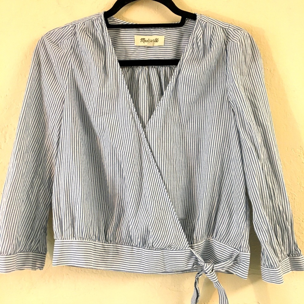 Madewell 100% Cotton Stripped Wrap Blouse Small Blue White Puff Sleeve S…